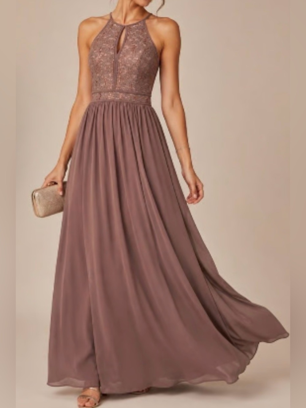 Mauve Taupe Sequin Halter Maxi Dress